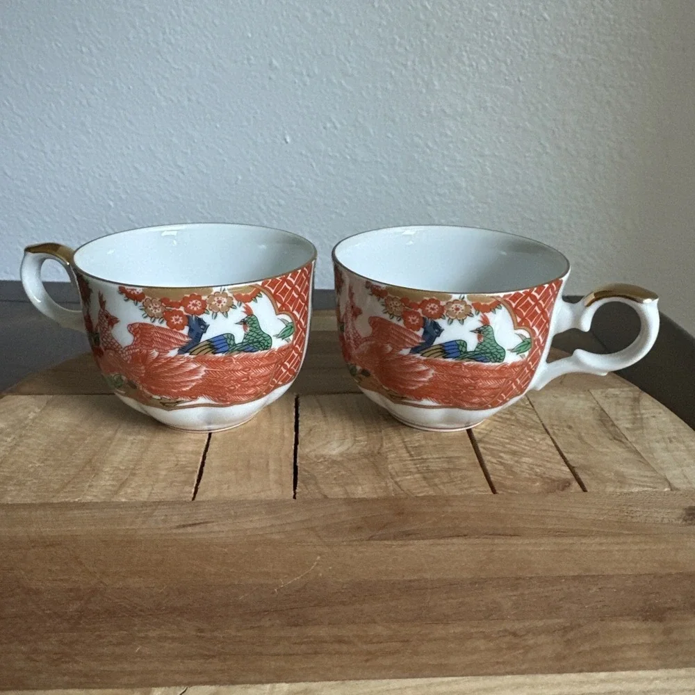 Imari Arita Peacock Coffee Or Tea Cups Made In Japan Set Of 4 Signed Ornate